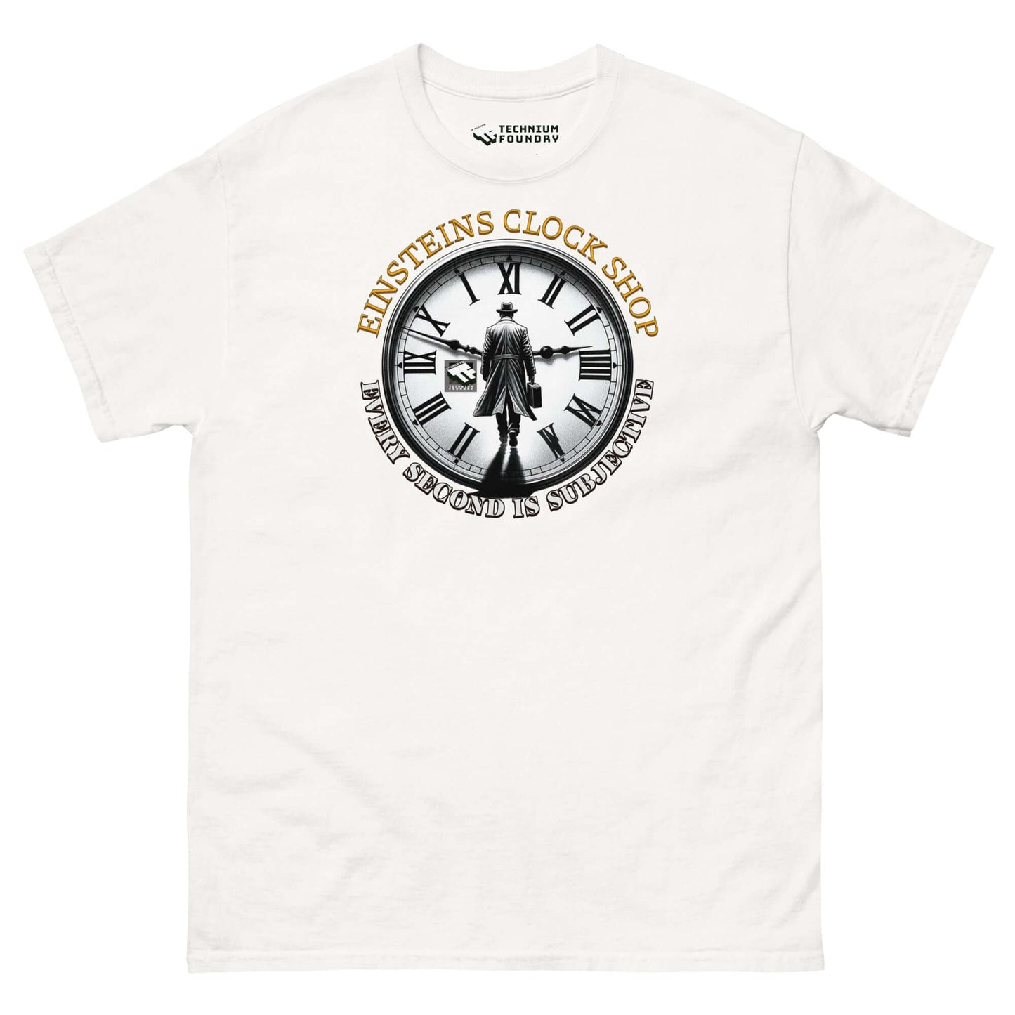 Einstein's Clock Shop T-Shirt with Clock and Scientist Design by Technium Foundry, Reflecting Humor and Scientific History