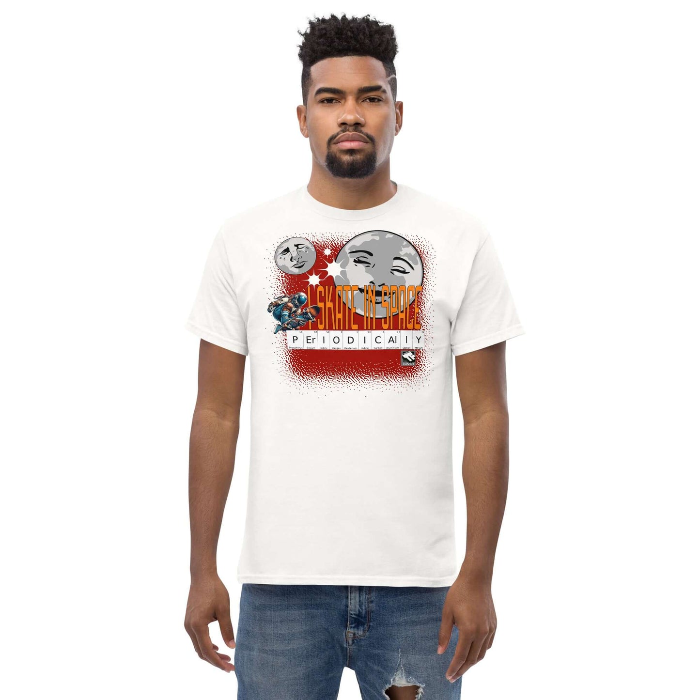 Man wearing "Skate in Space Periodically" T-shirt with moon and astronaut design by Technium Foundry.