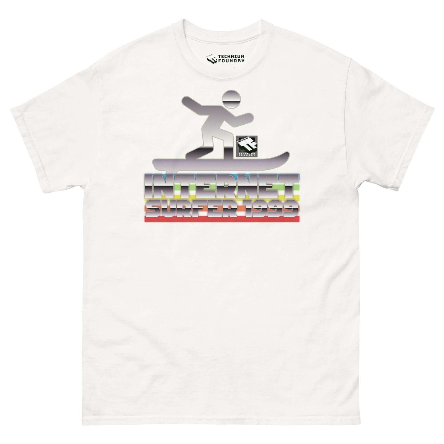 Retro Internet Surfer 1999 T-shirt featuring chrome digital wave design by Technium Foundry.