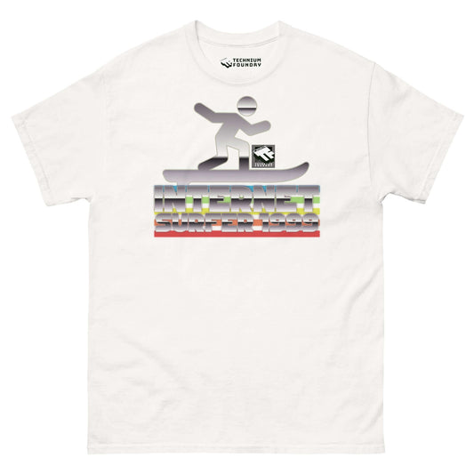 Retro Internet Surfer 1999 T-shirt featuring chrome digital wave design by Technium Foundry.