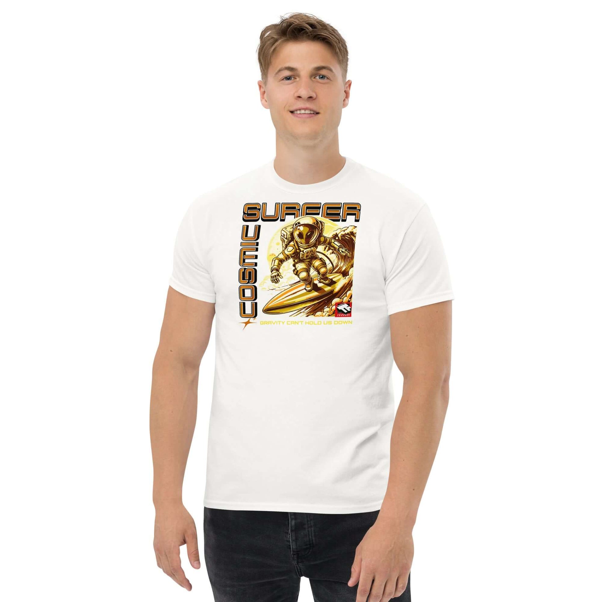 Man wearing Cosmic Surfer T-Shirt featuring astronaut surfing in space with retro-tech gold design by Technium Foundry.