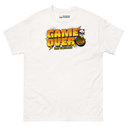 "Game Over Flat Earthers T-Shirt by Technium Foundry with pixelated Earth design in 16-bit arcade style"