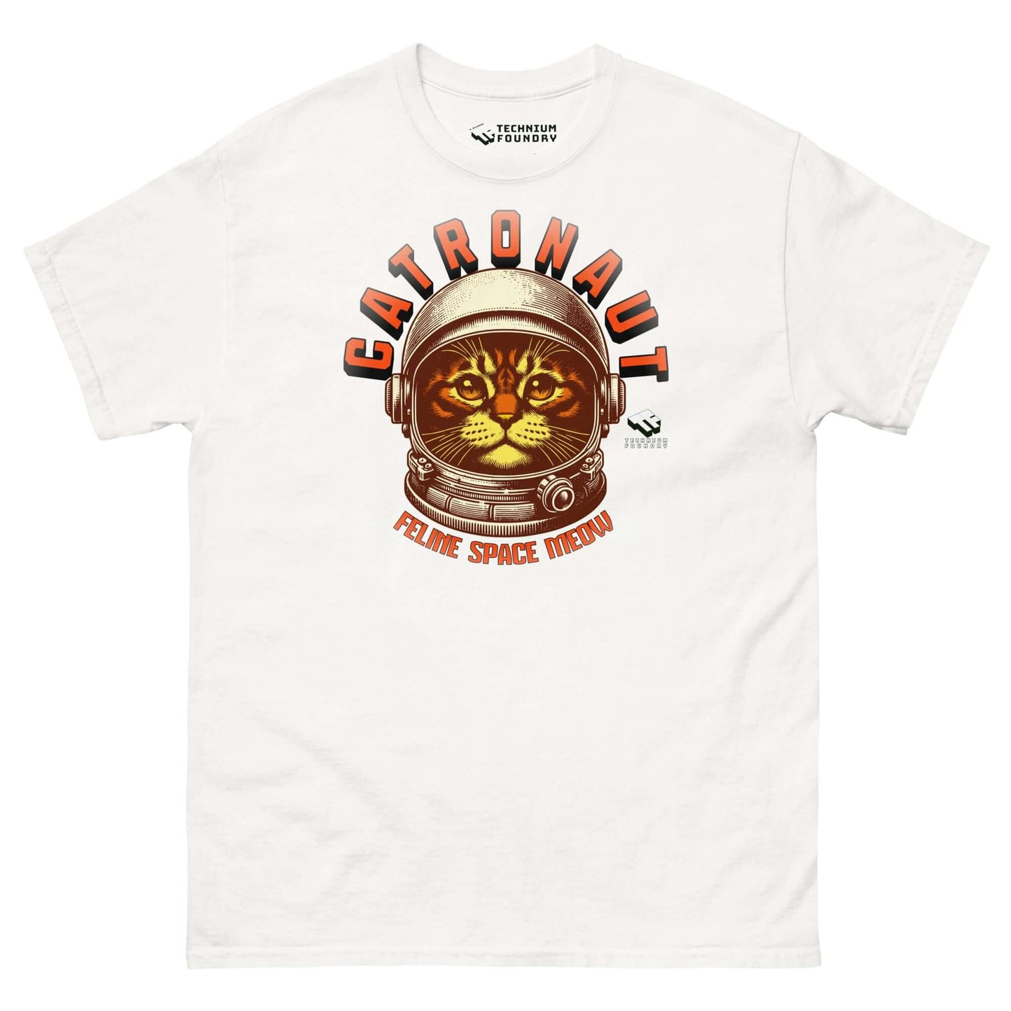 Catronauts Feline Space Medal T-Shirt featuring a cat in an astronaut helmet, humorous design by Technium Foundry.