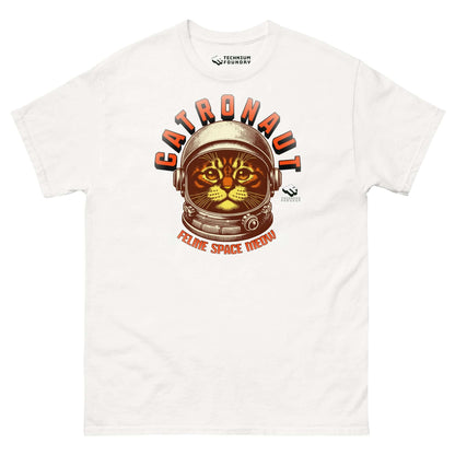 Catronauts Feline Space Medal T-Shirt featuring a cat in an astronaut helmet, humorous design by Technium Foundry.