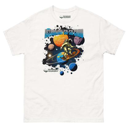 Astronaut 50-50 Grind T-Shirt by Technium Foundry featuring space skateboarding design with planets and comets.