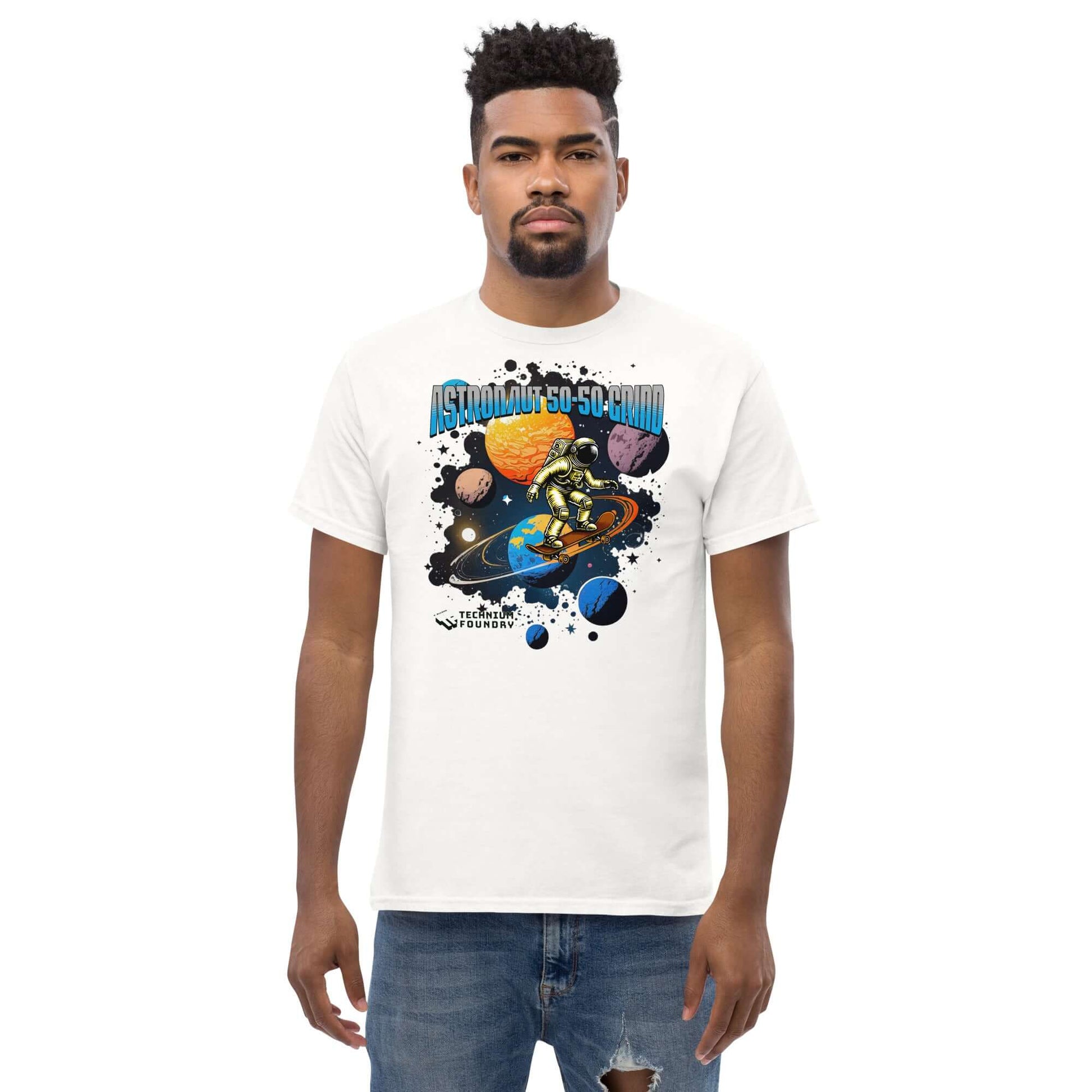 Man wearing Astronaut 50-50 Grind T-Shirt with space skater design by Technium Foundry.