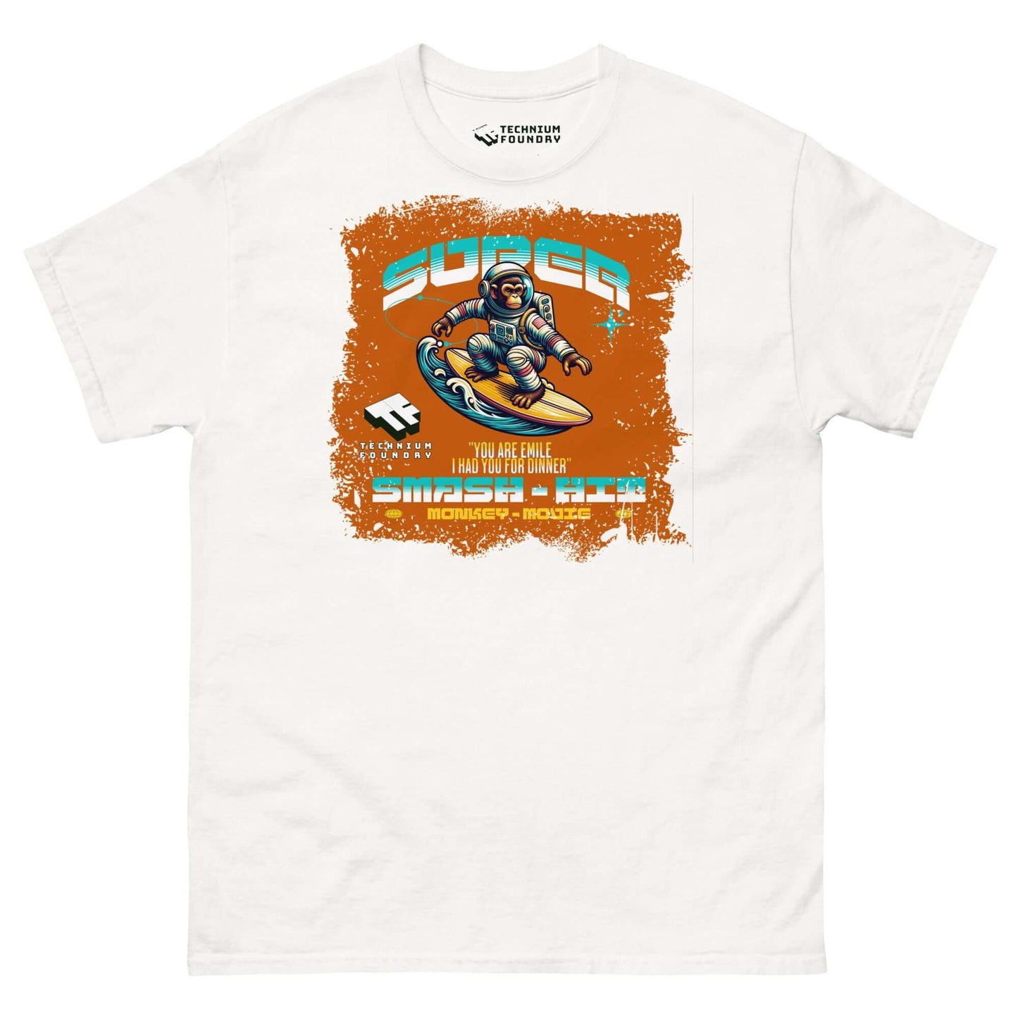 Retro gaming Super Smash & Click T-shirt with astronaut skateboarding in cyberspace by Technium Foundry on white fabric