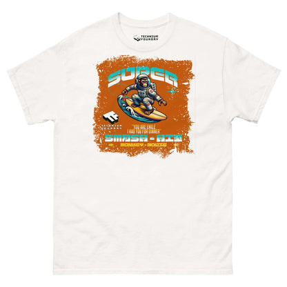 Retro gaming Super Smash & Click T-shirt with astronaut skateboarding in cyberspace by Technium Foundry on white fabric