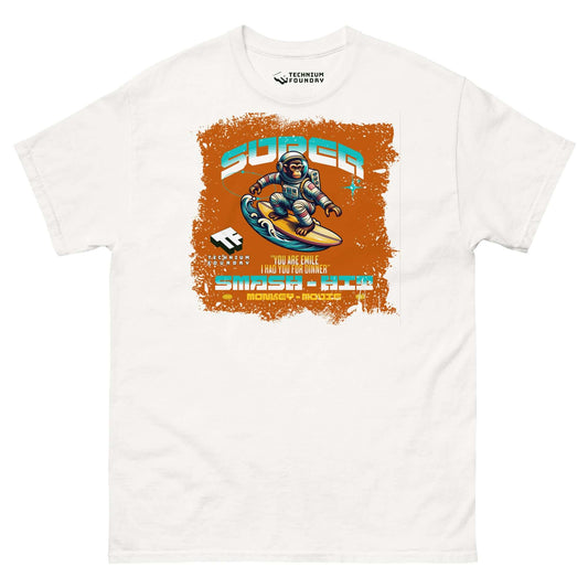 Retro gaming Super Smash & Click T-shirt with astronaut skateboarding in cyberspace by Technium Foundry on white fabric