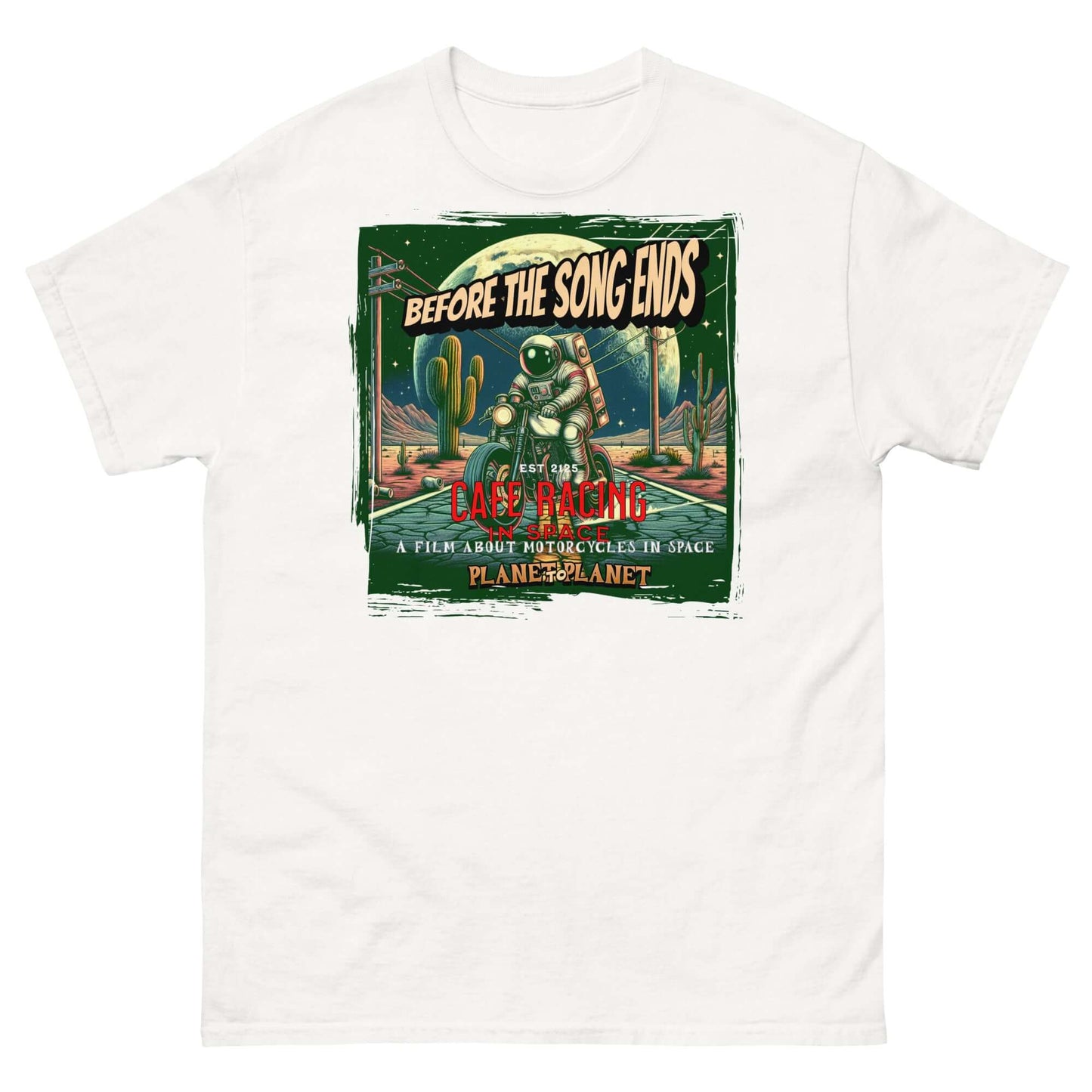 Vintage cafe racer t-shirt featuring astronaut in desert scene with cacti and celestial elements, framed in distressed green border.