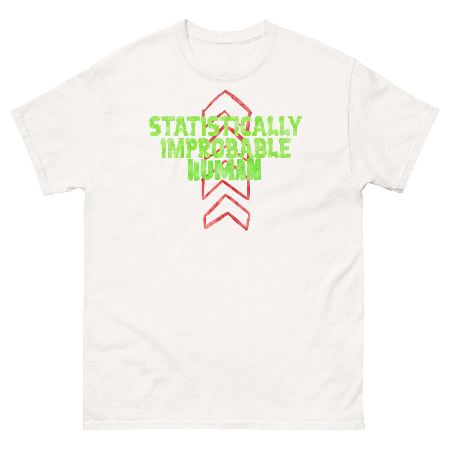 Statistically Improbable Human T-Shirt with green text and red arrows, minimalist science math design.