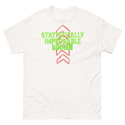 Statistically Improbable Human T-Shirt with green text and red arrows, minimalist science math design.