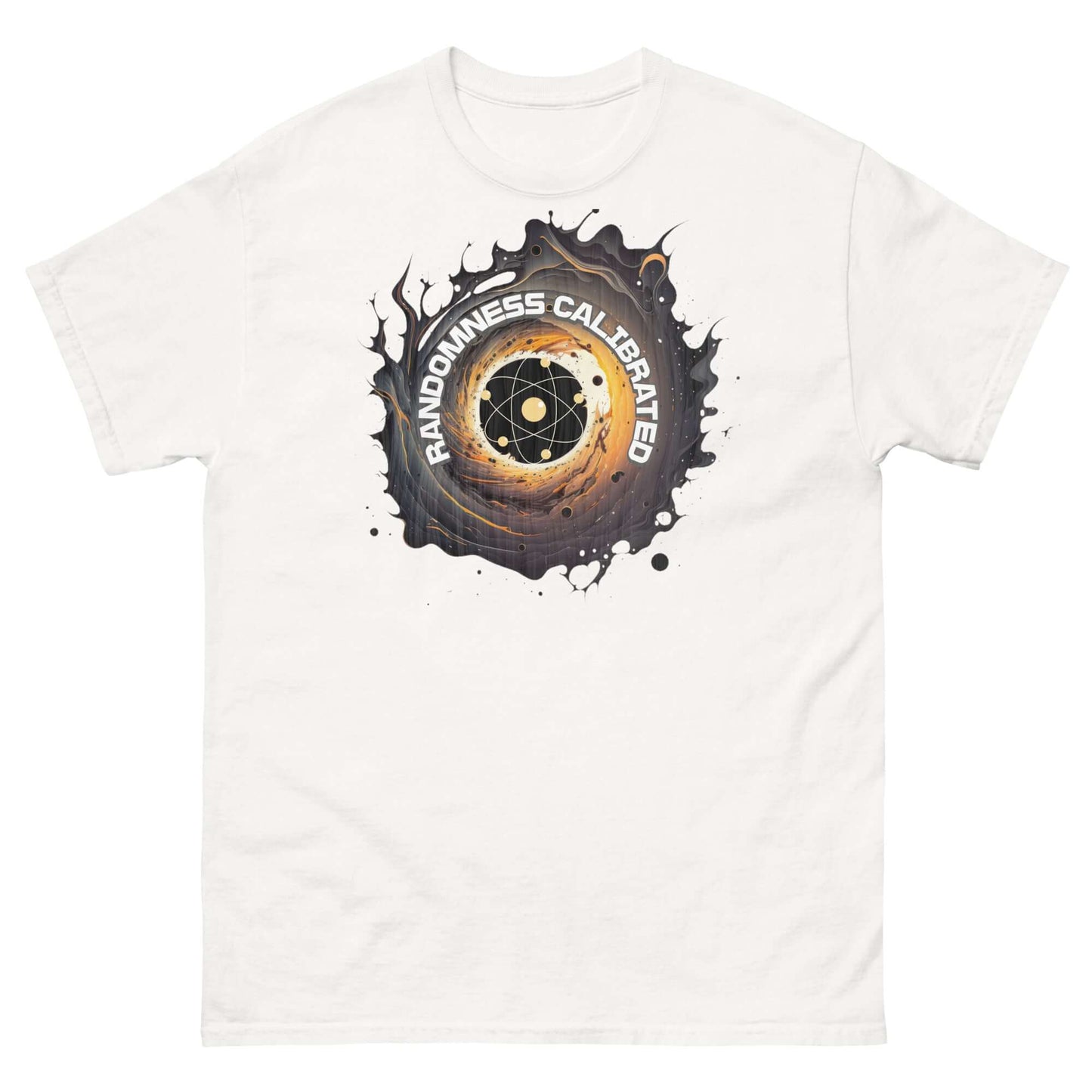 Quantum Physics T-Shirt with Randomness Calibrated Atom Design, featuring atomic symbol in vortex on white fabric.