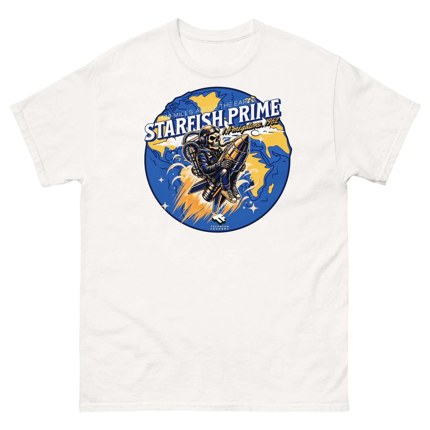 Retro Starfish Prime T-shirt featuring a space-suited figure riding a nuclear bomb with vibrant colors and bold design.