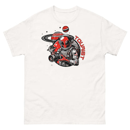 Space tourist t-shirt with alien photographing Saturn and planets, red design on white tee for intergalactic vacation enthusiasts.