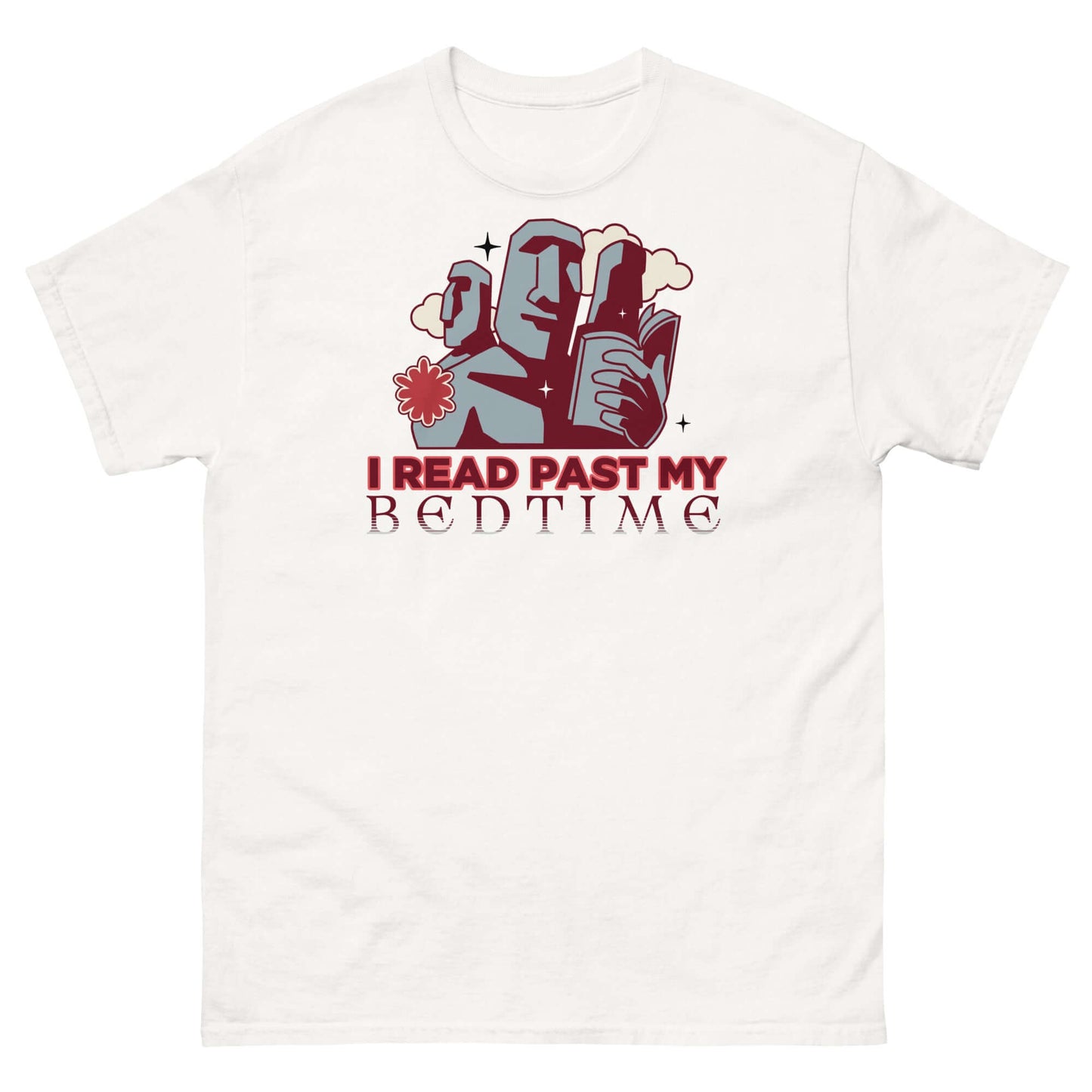 Easter Island Book Lover Tee with moai statues holding books, "I Read Past My Bedtime" text in dusky rose and gray colors.