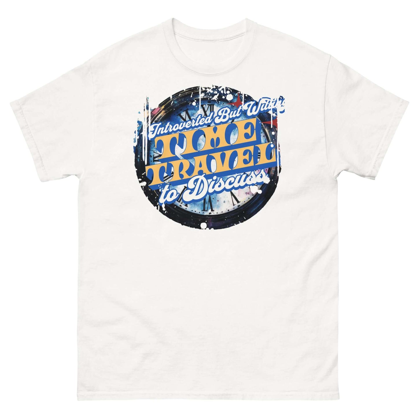 Time travel t-shirt with humorous text design for introverts, featuring a vintage circular logo on a white tee. Perfect for physics lovers.