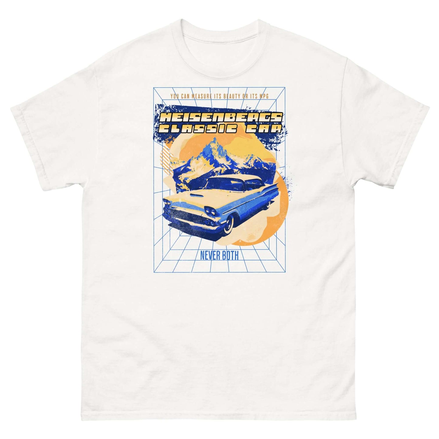 Heisenberg's Classic Car T-Shirt featuring a '58 Impala, retro design with quantum mechanics theme, black t-shirt.