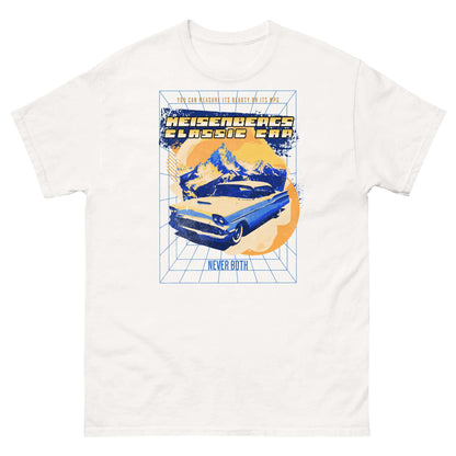 Heisenberg's Classic Car T-Shirt featuring a '58 Impala, retro design with quantum mechanics theme, black t-shirt.