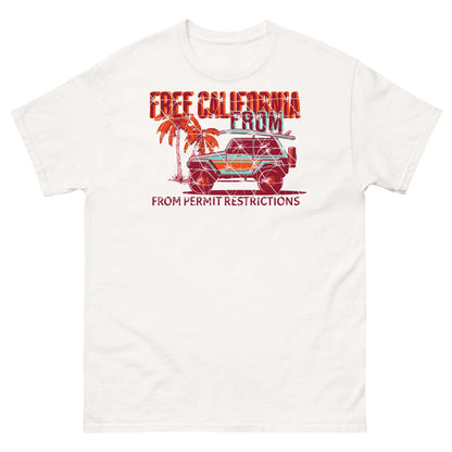 Free California Surf T-Shirt with 4x4 and red palm trees, humorously referencing permit restrictions, perfect for beach adventures.