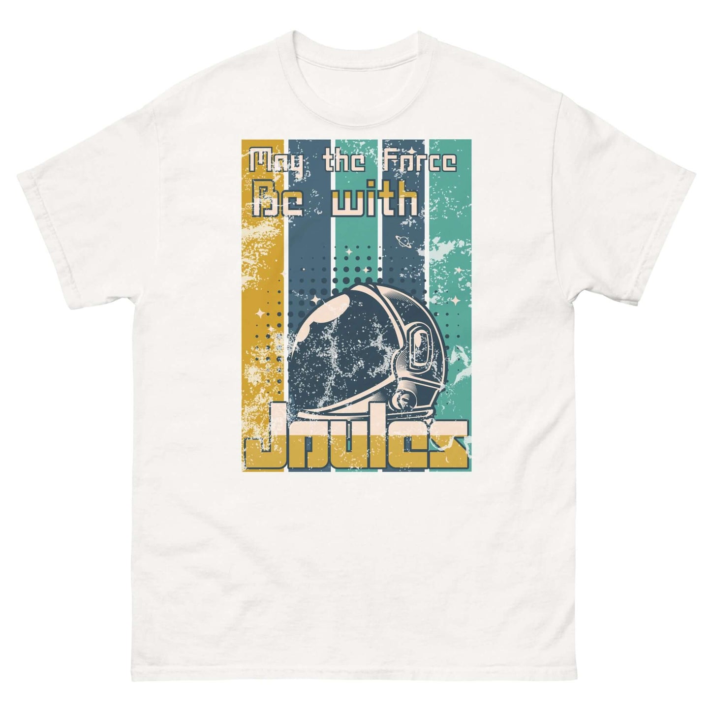 Physics Force Joules T-Shirt with astronaut helmet and 'May the Force Be with Joules' text, retro style, sci-fi and physics pun.