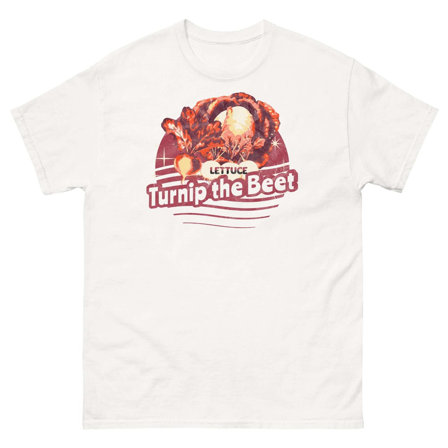 Turnip The Beet T-Shirt with "Lettuce Turnip the Beet" pun and vintage vegetable design on white fabric.