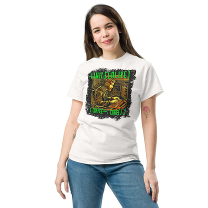 Woman wearing While(alive) Programmer T-Shirt with code and coffee humor. Features retro-tech design with matrix greens and circuit golds.