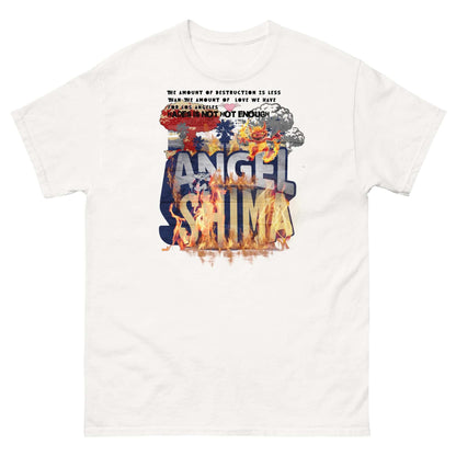 Angelshima Destruction yet Love T-Shirt featuring iconic Los Angeles design with fiery graphics, symbolizing resilience and love.