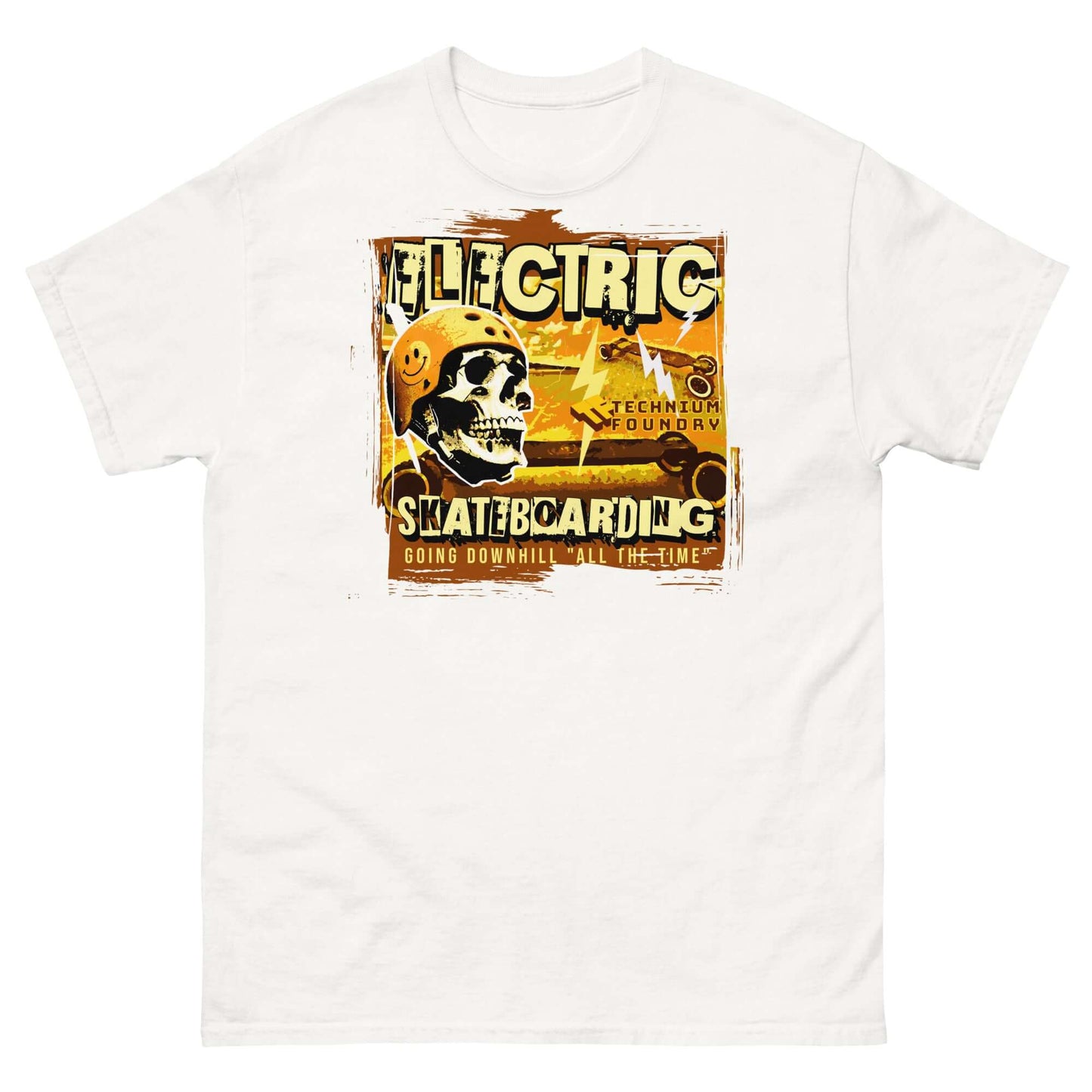 Electric Skateboarding T-Shirt featuring a skeleton with a helmet, vintage warning poster style, black cotton tee, fun physics theme.