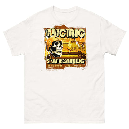 Electric Skateboarding T-Shirt featuring a skeleton with a helmet, vintage warning poster style, black cotton tee, fun physics theme.