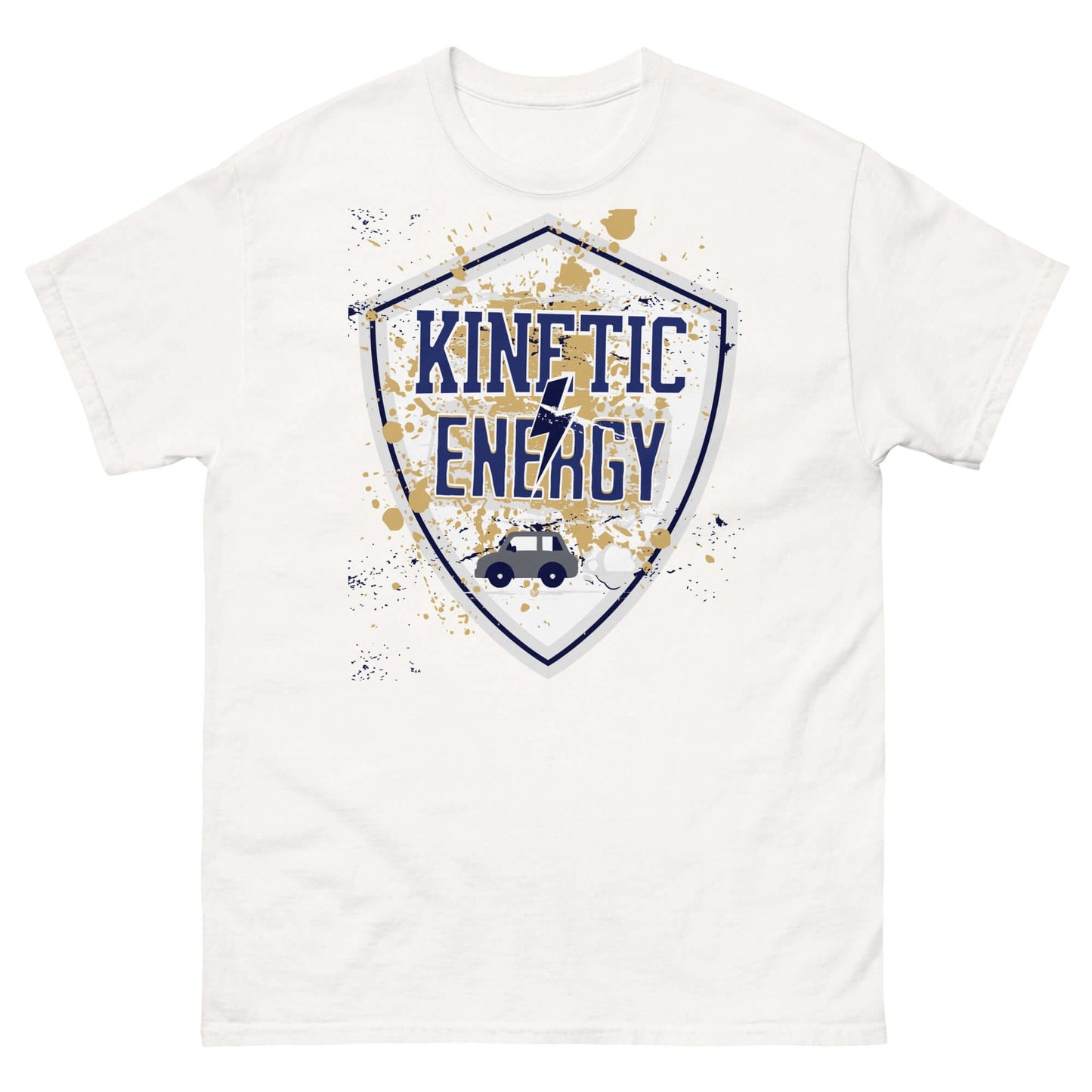 White t-shirt with kinetic energy vintage shield design and tiny car, celebrating mass times velocity squared.