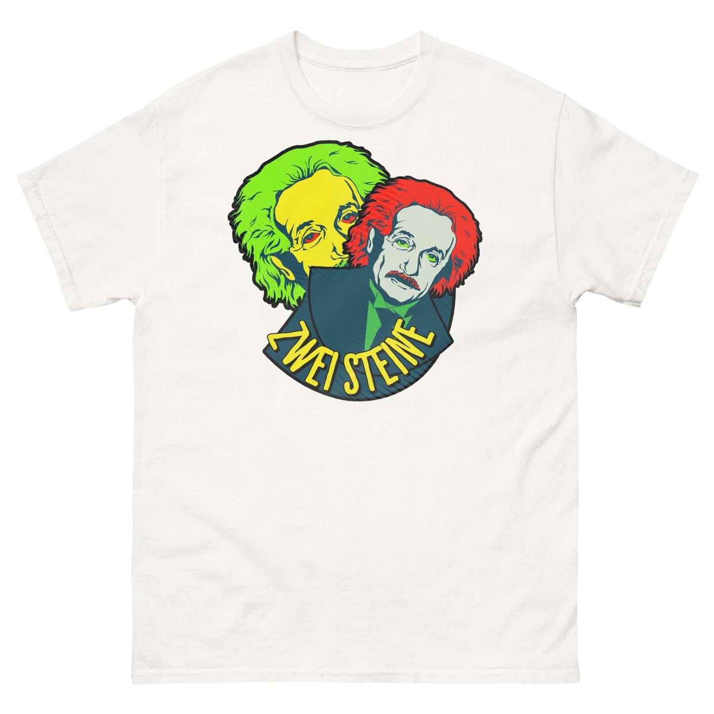 Zwei Steine T-Shirt featuring two cartoon Einsteins in bright colors, a clever bilingual pun on Einstein's name as 'one stone' in German.