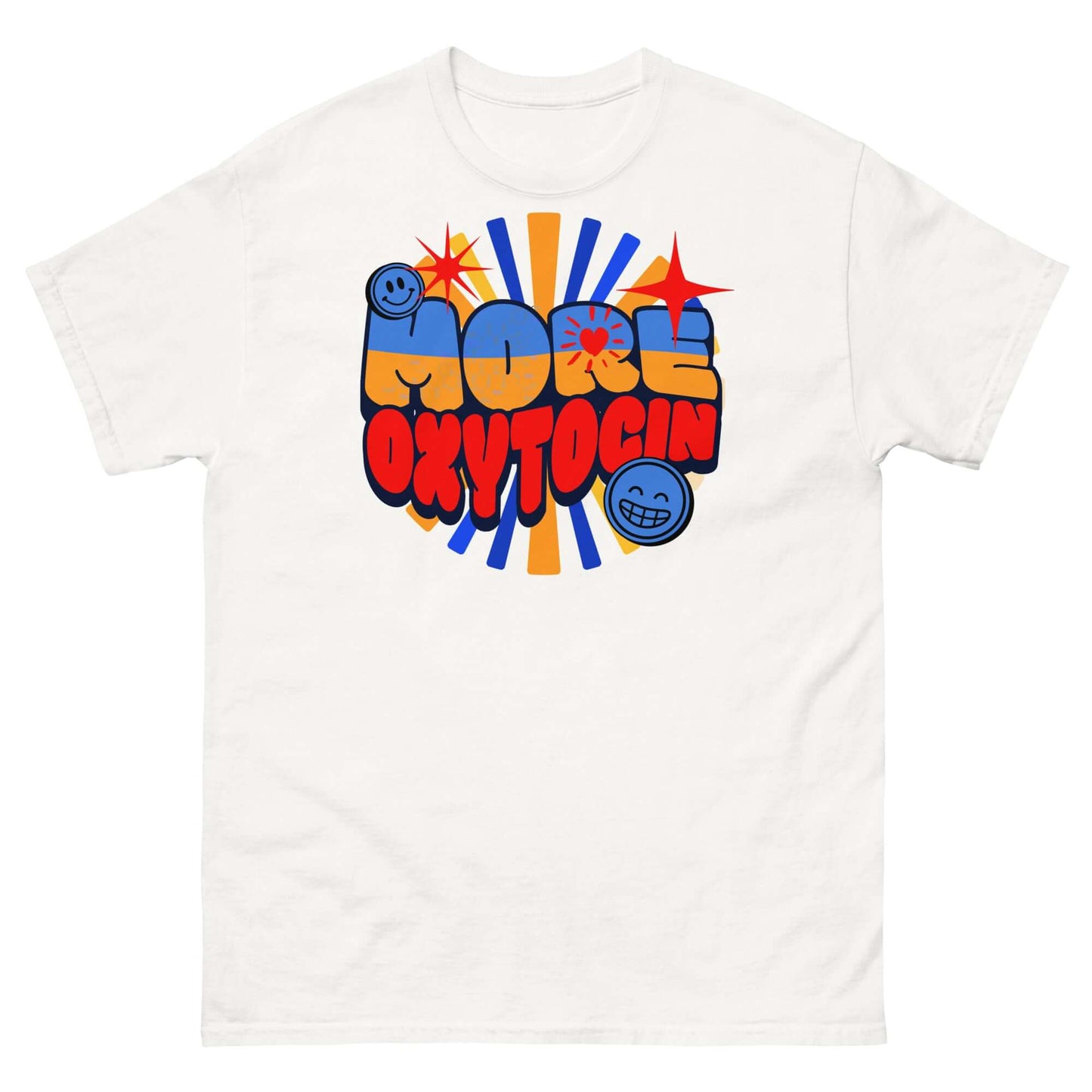 Retro More Oxytocin T-shirt with vibrant blue and orange design, celebrating the love hormone with a funky, fun style.