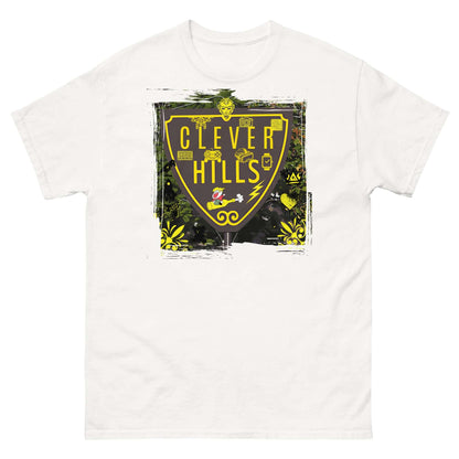 Clever Hills T-Shirt featuring a shield design with a humorous quantum mechanics and Beverly zip codes theme.