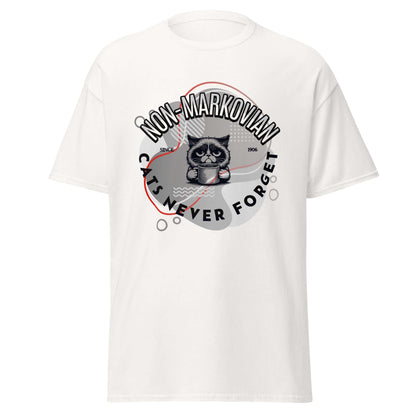 Non-Markovian cat t-shirt featuring a grumpy cat design with text 'Cats Never Forget,' celebrating feline memory and humor.