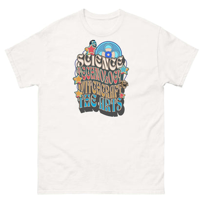 Psychedelic t-shirt featuring 'Science, Technology, Witchcraft & The Arts' text design with retro sci-fi theme.