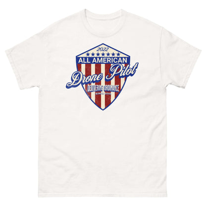 All American Drone Pilot Champion T-Shirt with 2022 patriotic shield design, perfect for aerial enthusiasts and patriots.