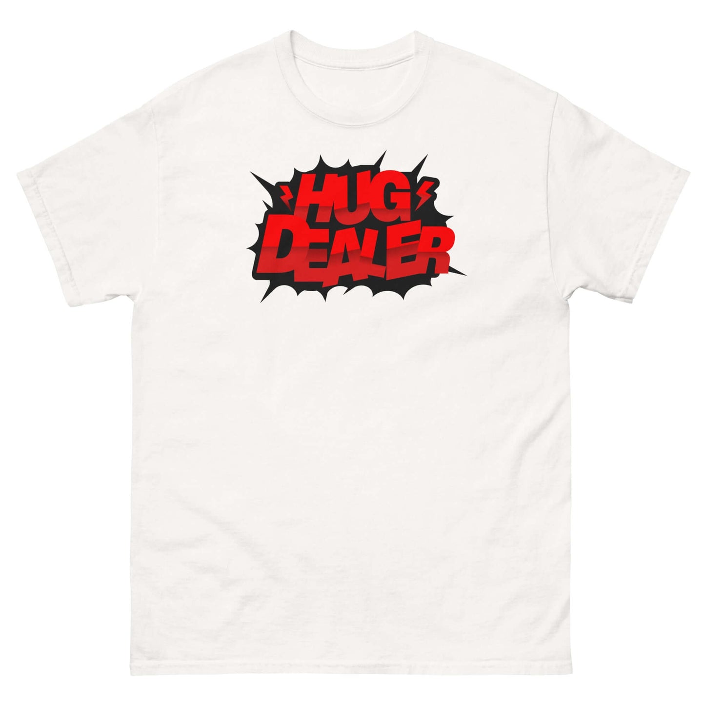 Hug Dealer T-Shirt with comic book style design for embrace enthusiasts on a white background.