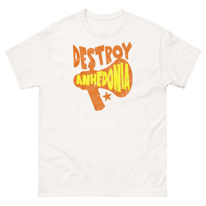 Destroy Anhedonia T-shirt with punk style graphic and megaphone, promoting mental health activism and reclaiming joy.