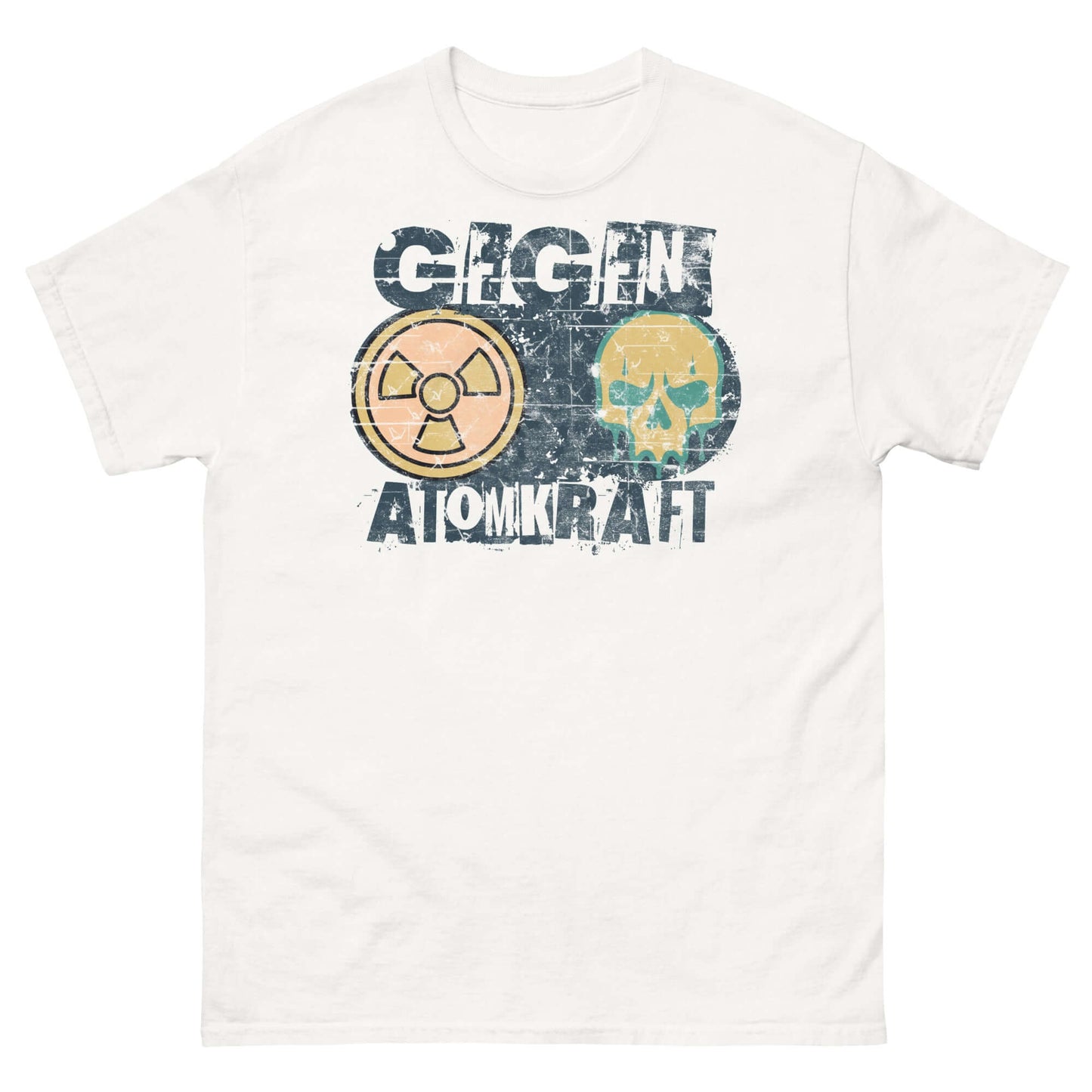 Protest t-shirt with 'GEGEN ATOMKRAFT' design, radiation symbol, and melting skull, advocating against nuclear power.