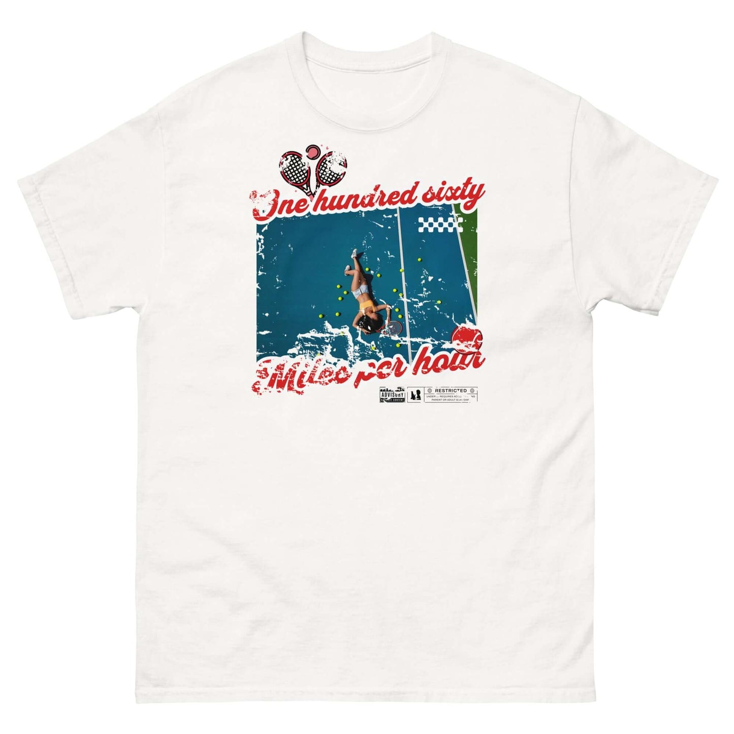 White t-shirt with "One Hundred Sixty Miles Per Hour" tennis design featuring a player and vintage style graphics.