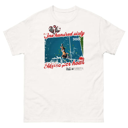 White t-shirt with "One Hundred Sixty Miles Per Hour" tennis design featuring a player and vintage style graphics.