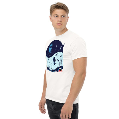 Space Dinosaur Slopes T-Shirt with astronaut skiing among T-Rexes on alien planets, modeled on a white premium cotton shirt.