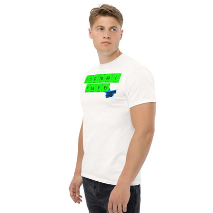 Man wearing white "Football Player" periodic table T-shirt by Technium Foundry, featuring a green design.