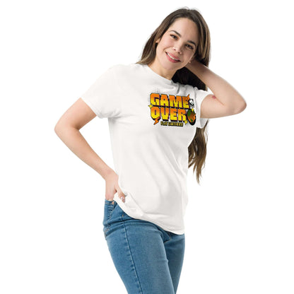 Woman wearing "Game Over, Flat Earthers!" T-shirt in 16-bit style with pixelated Earth design by Technium Foundry.