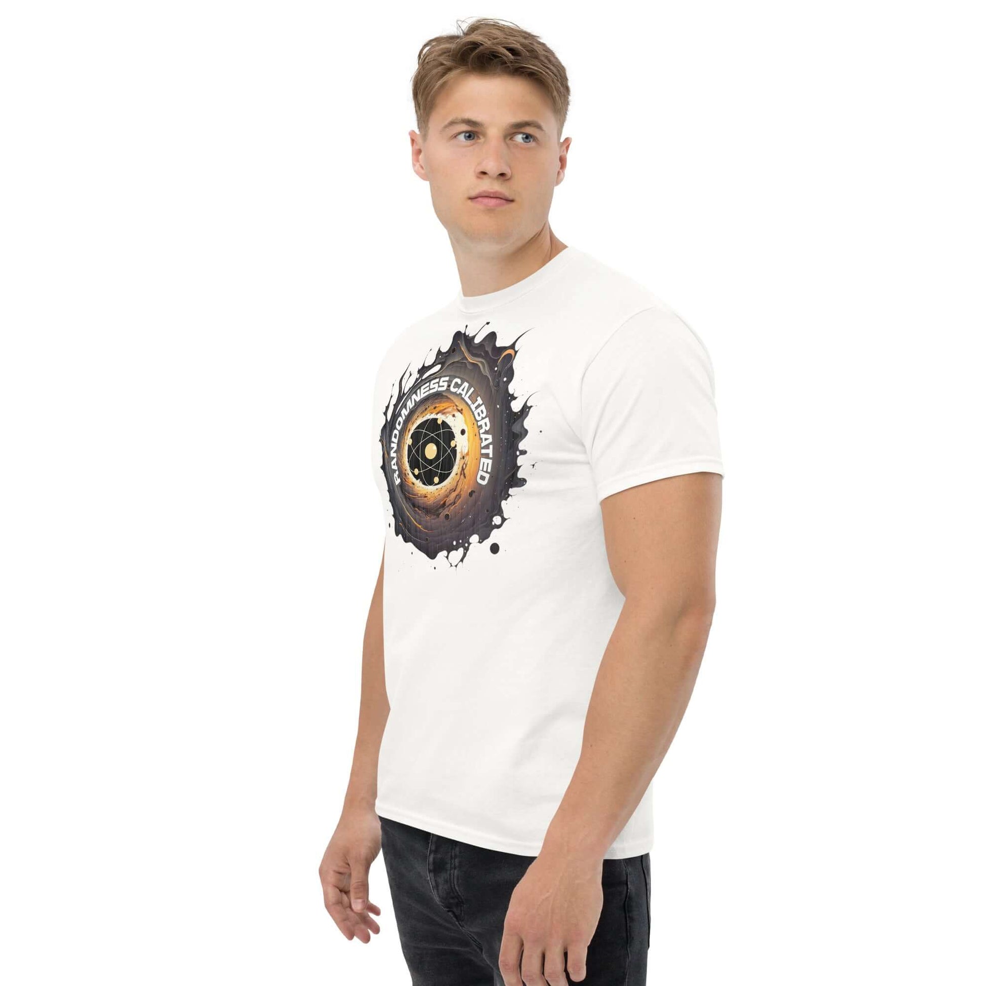 Man wearing Quantum Physics T-Shirt with "RANDOMNESS CALIBRATED" atom design on a white background.