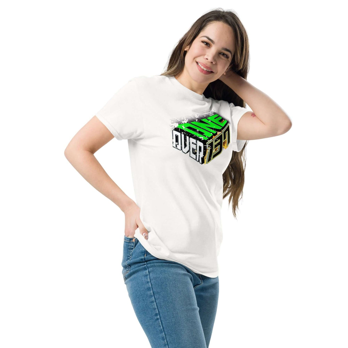 Woman wearing a 'One Over 137' physics-themed t-shirt with bold 3D typography celebrating the fine-structure constant.