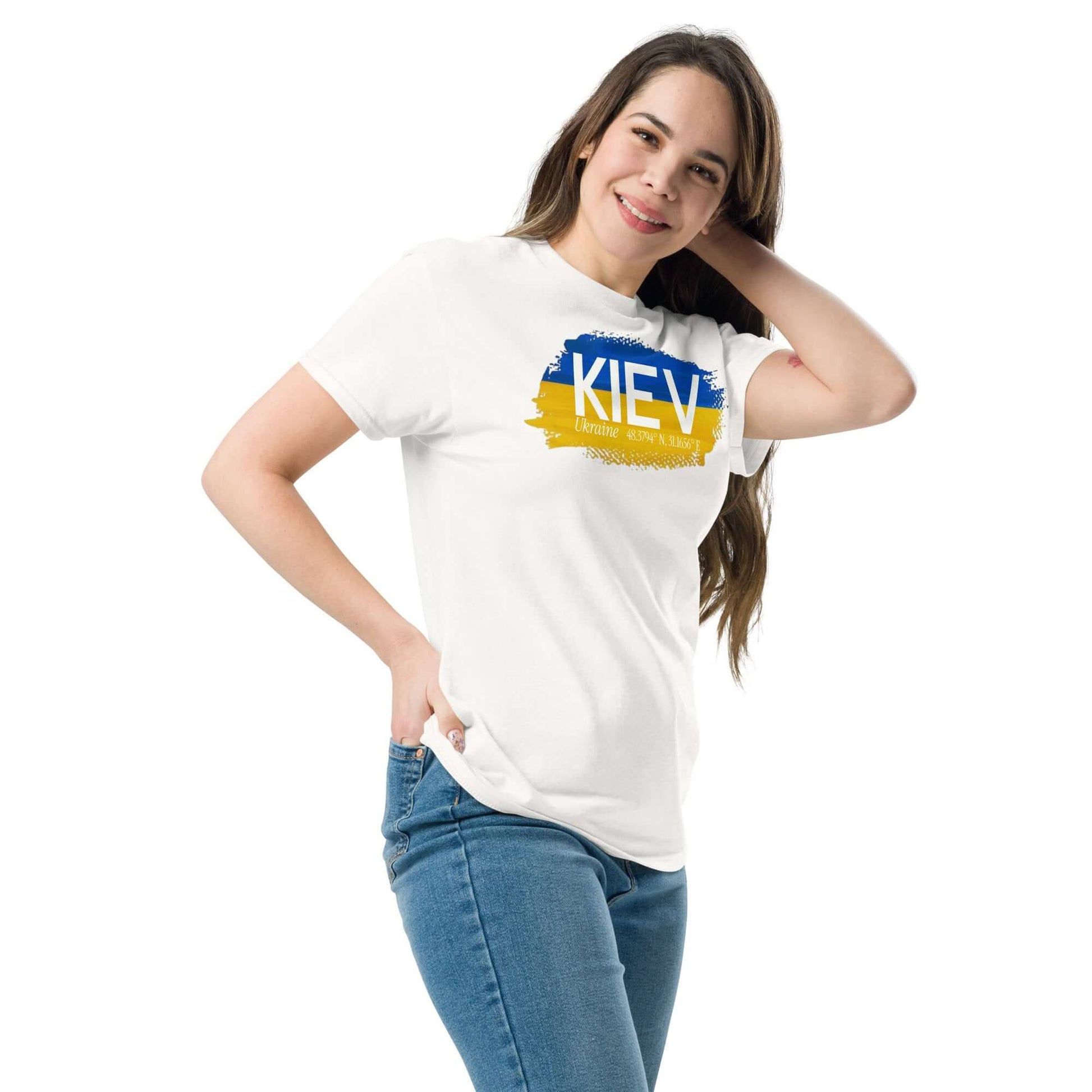 Woman wearing Kiev City Pride T-Shirt with Ukrainian flag colors, celebrating national pride and style.