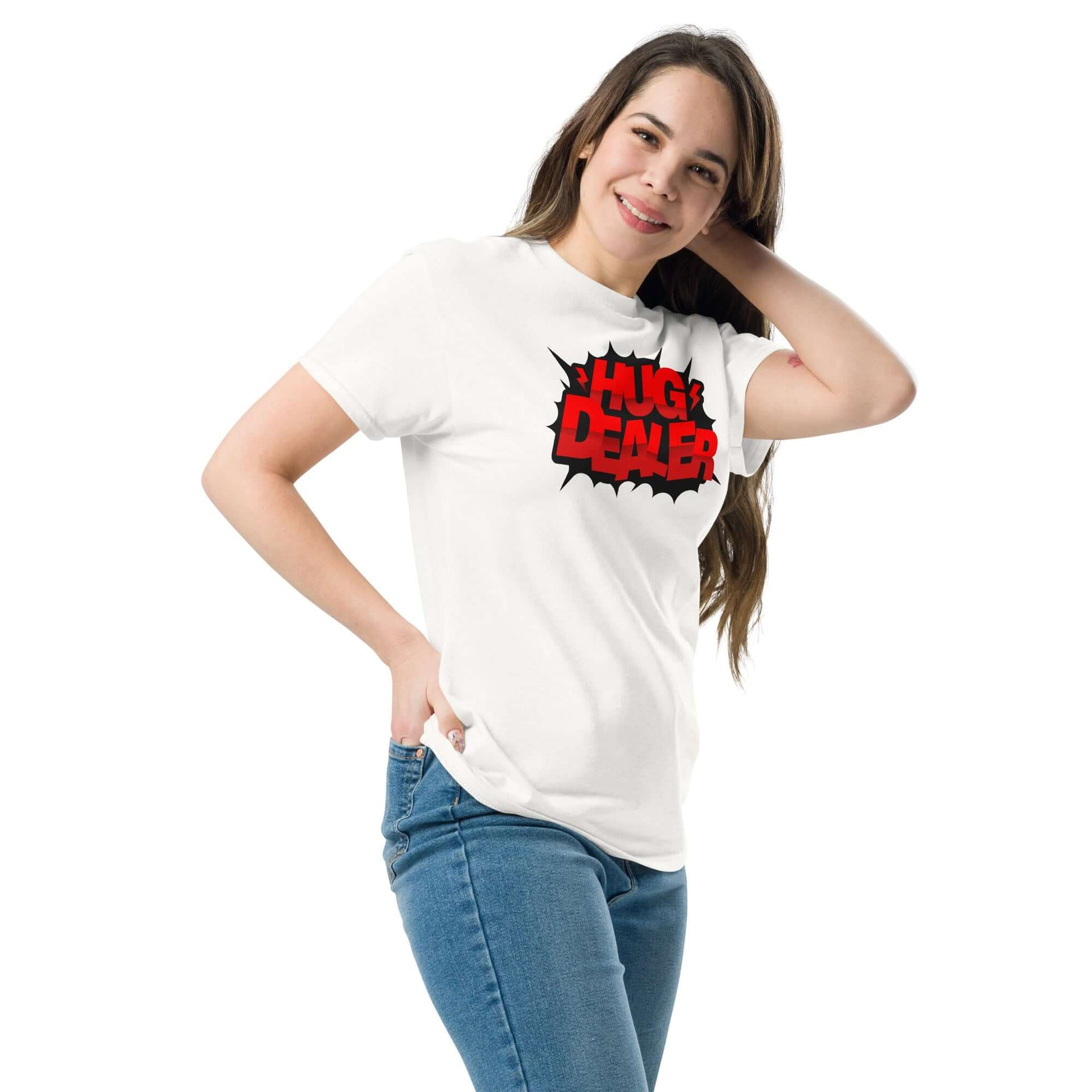 Woman wearing a "Hug Dealer" t-shirt with comic book design, promoting affection and warmth, perfect for embrace enthusiasts.