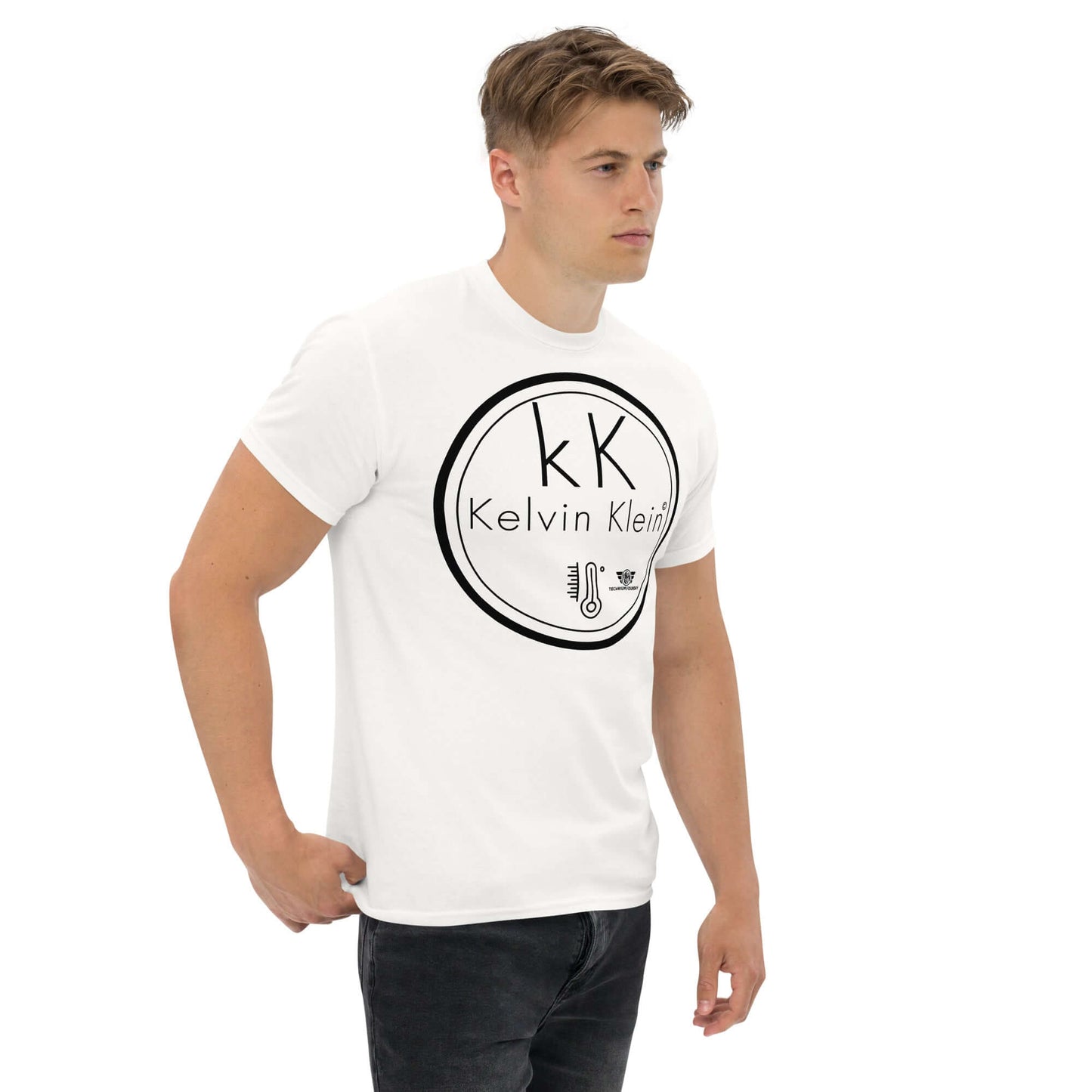 Kelvin Klein Temperature Scale Fashion Parody T-Shirt | Scientific Humor Apparel Color: Black T-Shirt Size: S Apparel & Accessories Technium Foundry